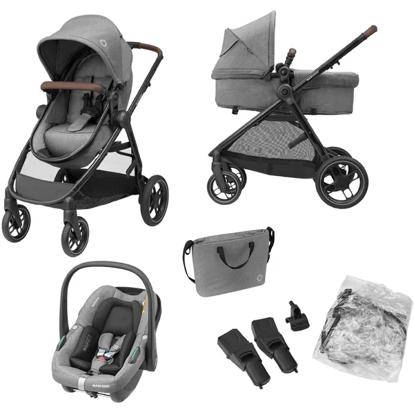 Maxi-Cosi Zelia S Trio 3-in-1 Prams Travel System, 0 - 4 Years, Up to 22 kg, Foldable, Compact and Reclining Baby Pushchair, with CabrioFix S i-Size Baby Car Seat, Accessories, Nursery Bag, Grey