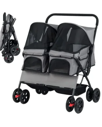 Maxmass Double Pet Stroller, Foldable Travel Carriage Dog Pram with Adjustable Sunshade, Removable Pad, Storage Basket, 4 Wheel Puppy Buggy Travel Cart Pet Pushchair for Cats Dogs (Gray)