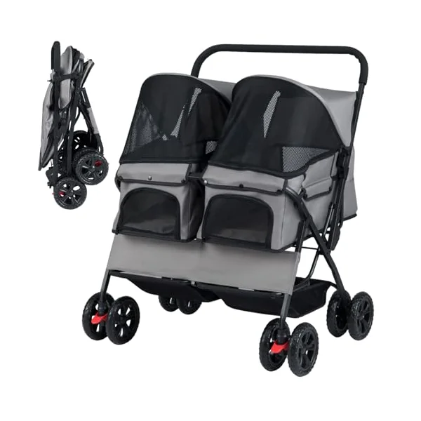 Maxmass Double Pet Stroller, Foldable Travel Carriage Dog Pram with Adjustable Sunshade, Removable Pad, Storage Basket, 4 Wheel Puppy Buggy Travel Cart Pet Pushchair for Cats Dogs (Gray)