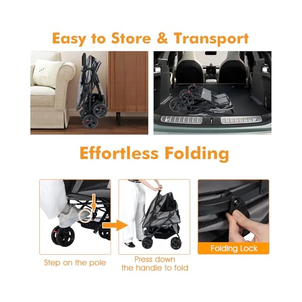 Maxmass Double Pet Stroller, Foldable Travel Carriage Dog Pram with Adjustable Sunshade, Removable Pad, Storage Basket, 4 Wheel Puppy Buggy Travel Cart Pet Pushchair for Cats Dogs (Gray)