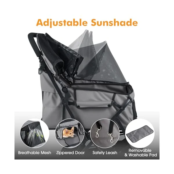 Maxmass Double Pet Stroller, Foldable Travel Carriage Dog Pram with Adjustable Sunshade, Removable Pad, Storage Basket, 4 Wheel Puppy Buggy Travel Cart Pet Pushchair for Cats Dogs (Gray)