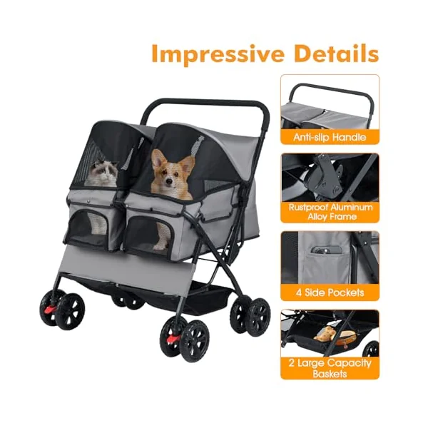 Maxmass Double Pet Stroller, Foldable Travel Carriage Dog Pram with Adjustable Sunshade, Removable Pad, Storage Basket, 4 Wheel Puppy Buggy Travel Cart Pet Pushchair for Cats Dogs (Gray)