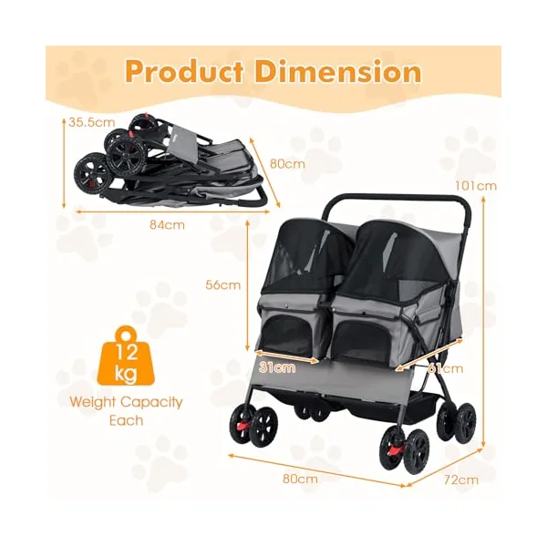Maxmass Double Pet Stroller, Foldable Travel Carriage Dog Pram with Adjustable Sunshade, Removable Pad, Storage Basket, 4 Wheel Puppy Buggy Travel Cart Pet Pushchair for Cats Dogs (Gray)