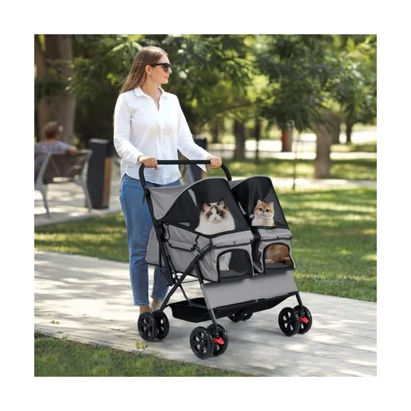 Maxmass Double Pet Stroller, Foldable Travel Carriage Dog Pram with Adjustable Sunshade, Removable Pad, Storage Basket, 4 Wheel Puppy Buggy Travel Cart Pet Pushchair for Cats Dogs (Gray)