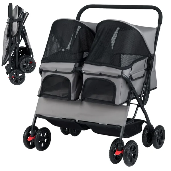 Maxmass Double Pet Stroller, Foldable Travel Carriage Dog Pram with Adjustable Sunshade, Removable Pad, Storage Basket, 4 Wheel Puppy Buggy Travel Cart Pet Pushchair for Cats Dogs (Gray)