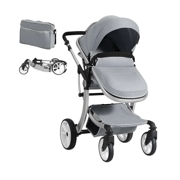 Maxmass Foldable Baby Pushchair, Lightweight Infant Stroller with Adjustable Handle & Canopy, Removable Foot Cover & Mosquito Net, Convertible Seat, Storage Bag, Toddler Buggy for 0-3 Year Old (Grey)