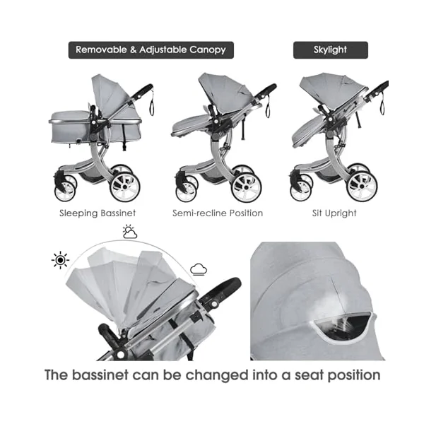 Maxmass Foldable Baby Pushchair, Lightweight Infant Stroller with Adjustable Handle & Canopy, Removable Foot Cover & Mosquito Net, Convertible Seat, Storage Bag, Toddler Buggy for 0-3 Year Old (Grey)