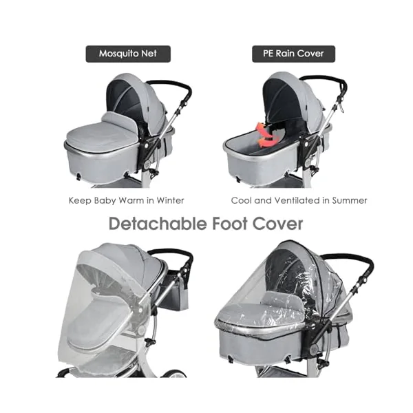 Maxmass Foldable Baby Pushchair, Lightweight Infant Stroller with Adjustable Handle & Canopy, Removable Foot Cover & Mosquito Net, Convertible Seat, Storage Bag, Toddler Buggy for 0-3 Year Old (Grey)