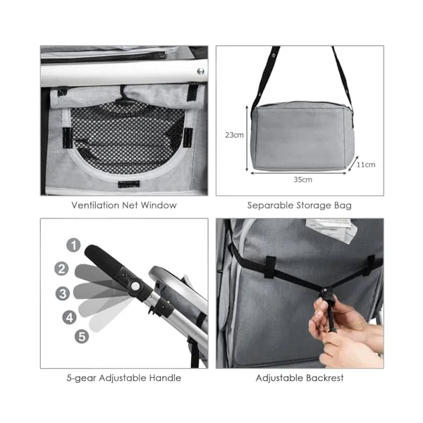 Maxmass Foldable Baby Pushchair, Lightweight Infant Stroller with Adjustable Handle & Canopy, Removable Foot Cover & Mosquito Net, Convertible Seat, Storage Bag, Toddler Buggy for 0-3 Year Old (Grey)