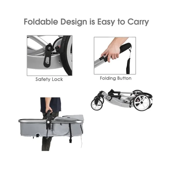 Maxmass Foldable Baby Pushchair, Lightweight Infant Stroller with Adjustable Handle & Canopy, Removable Foot Cover & Mosquito Net, Convertible Seat, Storage Bag, Toddler Buggy for 0-3 Year Old (Grey)