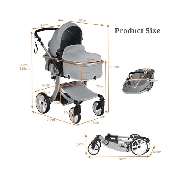Maxmass Foldable Baby Pushchair, Lightweight Infant Stroller with Adjustable Handle & Canopy, Removable Foot Cover & Mosquito Net, Convertible Seat, Storage Bag, Toddler Buggy for 0-3 Year Old (Grey)