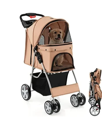 Maxmass Travel Pet Stroller, Foldable Small Medium Sized Dog Cat Trolley with Storage Basket, Safety Belt and Cup Holder, 4 Wheels Puppy Pushchair (Beige)