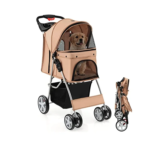 Maxmass Travel Pet Stroller, Foldable Small Medium Sized Dog Cat Trolley with Storage Basket, Safety Belt and Cup Holder, 4 Wheels Puppy Pushchair (Beige)