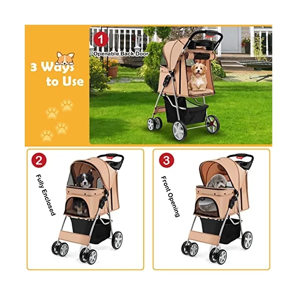 Maxmass Travel Pet Stroller, Foldable Small Medium Sized Dog Cat Trolley with Storage Basket, Safety Belt and Cup Holder, 4 Wheels Puppy Pushchair (Beige)