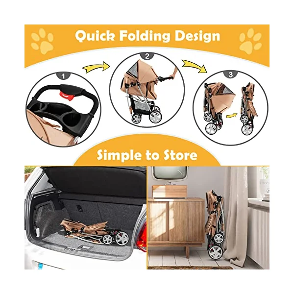 Maxmass Travel Pet Stroller, Foldable Small Medium Sized Dog Cat Trolley with Storage Basket, Safety Belt and Cup Holder, 4 Wheels Puppy Pushchair (Beige)