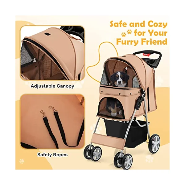 Maxmass Travel Pet Stroller, Foldable Small Medium Sized Dog Cat Trolley with Storage Basket, Safety Belt and Cup Holder, 4 Wheels Puppy Pushchair (Beige)