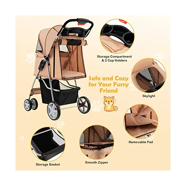 Maxmass Travel Pet Stroller, Foldable Small Medium Sized Dog Cat Trolley with Storage Basket, Safety Belt and Cup Holder, 4 Wheels Puppy Pushchair (Beige)