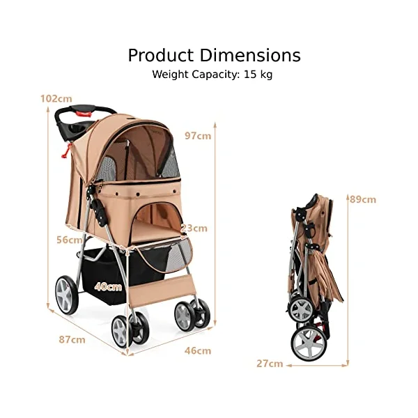 Maxmass Travel Pet Stroller, Foldable Small Medium Sized Dog Cat Trolley with Storage Basket, Safety Belt and Cup Holder, 4 Wheels Puppy Pushchair (Beige)