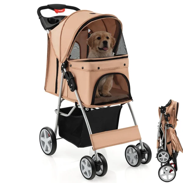 Maxmass Travel Pet Stroller, Foldable Small Medium Sized Dog Cat Trolley with Storage Basket, Safety Belt and Cup Holder, 4 Wheels Puppy Pushchair (Beige)