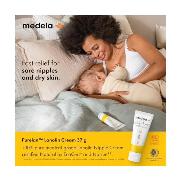 Medela Purelan Lanolin Nipple Cream, Fast Relief for Sore Nipples and Dry Skin, Made with Natural Ingredients, Hypoallergenic and Dermatologically Tested, Formulated Without Fragrance, 37 g