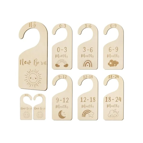 MEILIDY Wooden Baby Closet Dividers, Double Sided Baby Clothes Size Dividers for Newborn to 24 Months Adorable Nursery Closet Organizer for Infant Toddler Girls & Boys - 7 Pcs