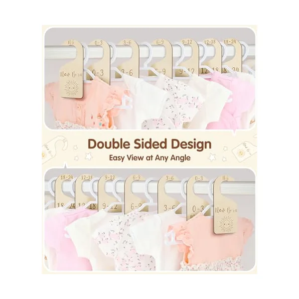 MEILIDY Wooden Baby Closet Dividers, Double Sided Baby Clothes Size Dividers for Newborn to 24 Months Adorable Nursery Closet Organizer for Infant Toddler Girls & Boys - 7 Pcs