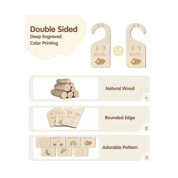 MEILIDY Wooden Baby Closet Dividers, Double Sided Baby Clothes Size Dividers for Newborn to 24 Months Adorable Nursery Closet Organizer for Infant Toddler Girls & Boys - 7 Pcs