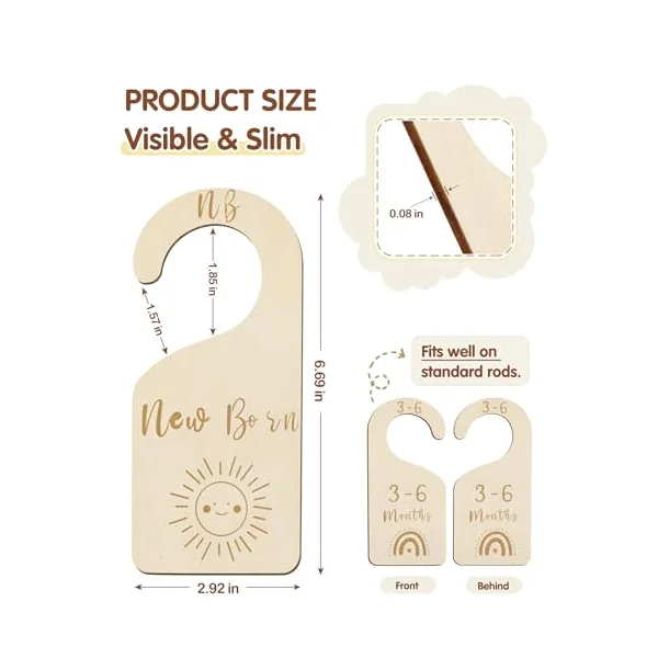 MEILIDY Wooden Baby Closet Dividers, Double Sided Baby Clothes Size Dividers for Newborn to 24 Months Adorable Nursery Closet Organizer for Infant Toddler Girls & Boys - 7 Pcs