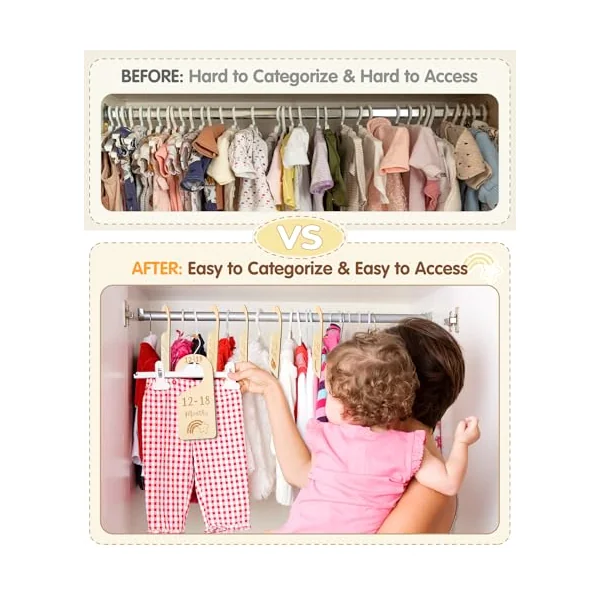 MEILIDY Wooden Baby Closet Dividers, Double Sided Baby Clothes Size Dividers for Newborn to 24 Months Adorable Nursery Closet Organizer for Infant Toddler Girls & Boys - 7 Pcs