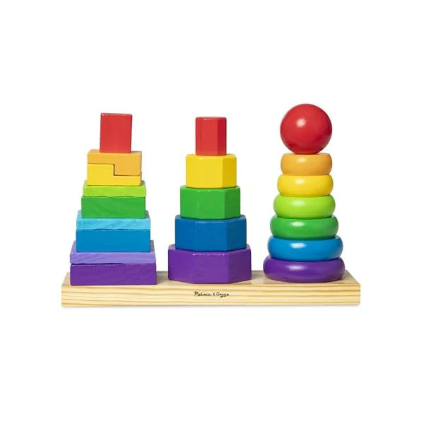 Melissa & Doug Geometric Stacker - Wooden Educational Toy - Shape Sorter And Stacking Toy, Stacking Tower Toy For Babies, Toddlers And Kids Ages 2+