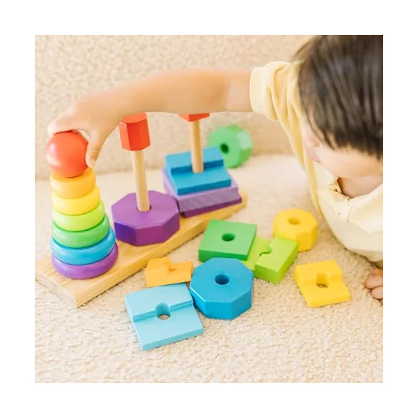 Melissa & Doug Geometric Stacker - Wooden Educational Toy - Shape Sorter And Stacking Toy, Stacking Tower Toy For Babies, Toddlers And Kids Ages 2+