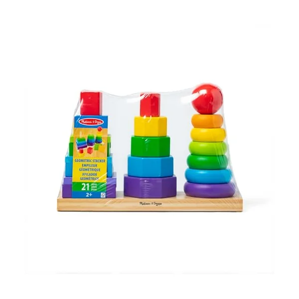 Melissa & Doug Geometric Stacker - Wooden Educational Toy - Shape Sorter And Stacking Toy, Stacking Tower Toy For Babies, Toddlers And Kids Ages 2+