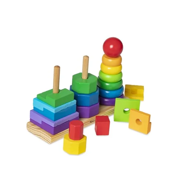 Melissa & Doug Geometric Stacker - Wooden Educational Toy - Shape Sorter And Stacking Toy, Stacking Tower Toy For Babies, Toddlers And Kids Ages 2+