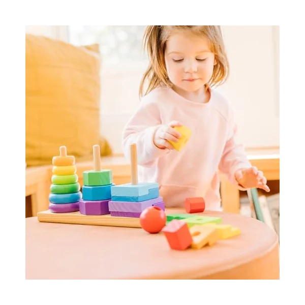 Melissa & Doug Geometric Stacker - Wooden Educational Toy - Shape Sorter And Stacking Toy, Stacking Tower Toy For Babies, Toddlers And Kids Ages 2+