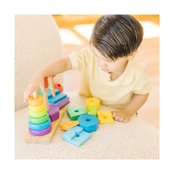 Melissa & Doug Geometric Stacker - Wooden Educational Toy - Shape Sorter And Stacking Toy, Stacking Tower Toy For Babies, Toddlers And Kids Ages 2+