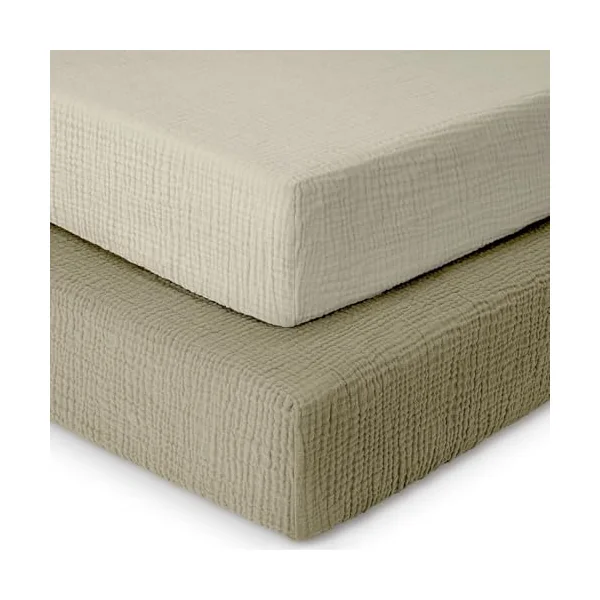 MHG Living Cot Bed Sheets, 100% Cotton Muslin, Soft & Breathable, 2 Pack,Fitted Cot Bed Sheet,Girls,Boys,Crib sheet & cot bed fitted sheets 140x70cm, Muslin Cot Bed Sheets,Mattress Sheet | Olive,Ecru