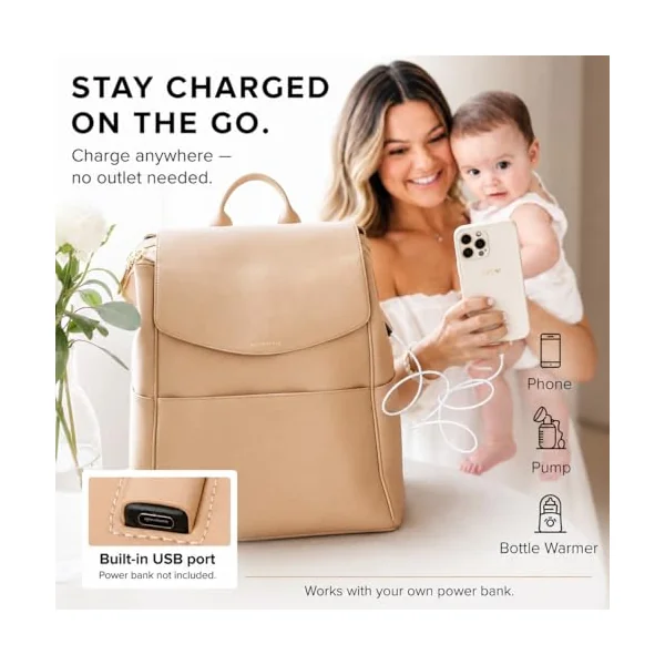 MIA + SOPHIA Leather Diaper Bag Backpack with USB Charging port, Changing Pad, Stroller Straps, and Bottle Holder (Brown Olivia)