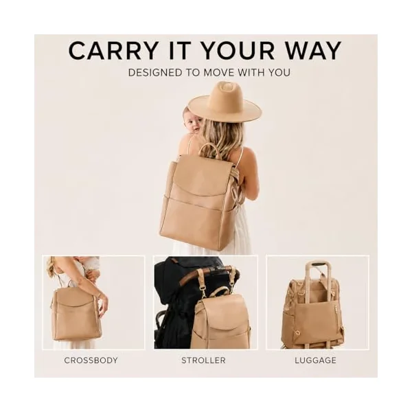 MIA + SOPHIA Leather Diaper Bag Backpack with USB Charging port, Changing Pad, Stroller Straps, and Bottle Holder (Brown Olivia)