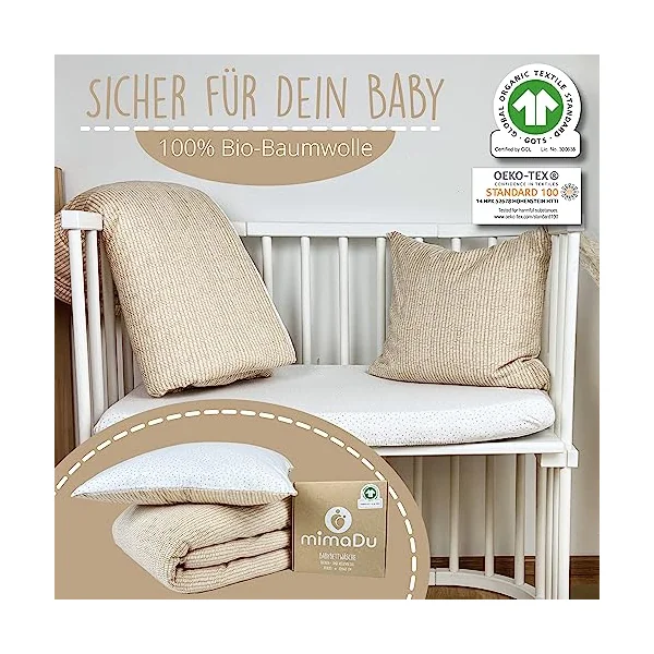 mimaDu Organic Baby Duvet Cover 100 x 135 cm, Pillow case 60x40 cm, Children's Bed Linen 100 x 135 cm, Children's Quilt Cover 100 x 135 cm Cotton, GOTS and Oeko-Tex 100 Certified (Sandset)