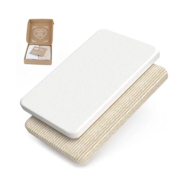 mimaDu Organic Co-Sleeper Fitted Sheet 90x55, 90x50, 89x49 cm - Baby Bed Sheet, Bassinet Fitted Sheet, Crib Sheet, Baby Mattress Cover, 100% GOTS Cotton (Sand Set)