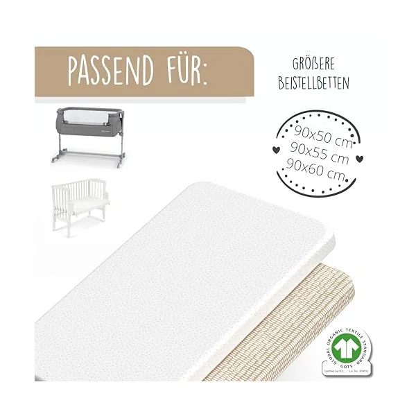 mimaDu Organic Co-Sleeper Fitted Sheet 90x55, 90x50, 89x49 cm - Baby Bed Sheet, Bassinet Fitted Sheet, Crib Sheet, Baby Mattress Cover, 100% GOTS Cotton (Sand Set)