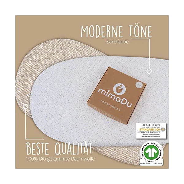 mimaDu Organic Co-Sleeper Fitted Sheet 90x55, 90x50, 89x49 cm - Baby Bed Sheet, Bassinet Fitted Sheet, Crib Sheet, Baby Mattress Cover, 100% GOTS Cotton (Sand Set)