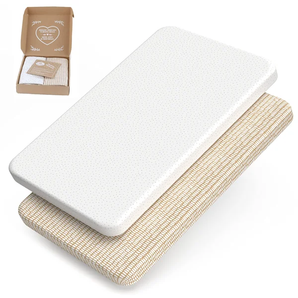 mimaDu Organic Co-Sleeper Fitted Sheet 90x55, 90x50, 89x49 cm - Baby Bed Sheet, Bassinet Fitted Sheet, Crib Sheet, Baby Mattress Cover, 100% GOTS Cotton (Sand Set)