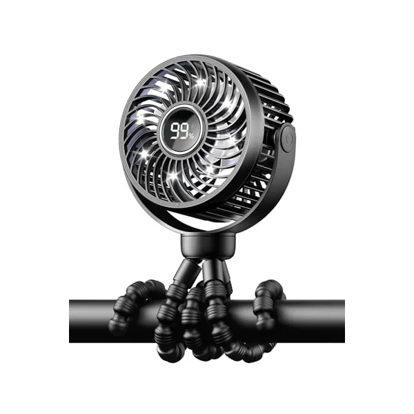 Mini Portable Pram Fan, LED Night Light, Digital Display, Black | Rechargeable Clip On Fan for Stroller, 4 Speeds, 360° Rotation, Detachable Flexible Tripod for Buggy, Pushchair and Car Seat