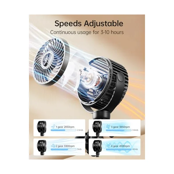 Mini Portable Pram Fan, LED Night Light, Digital Display, Black | Rechargeable Clip On Fan for Stroller, 4 Speeds, 360° Rotation, Detachable Flexible Tripod for Buggy, Pushchair and Car Seat