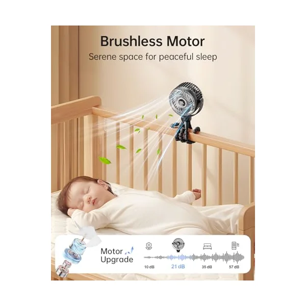 Mini Portable Pram Fan, LED Night Light, Digital Display, Black | Rechargeable Clip On Fan for Stroller, 4 Speeds, 360° Rotation, Detachable Flexible Tripod for Buggy, Pushchair and Car Seat