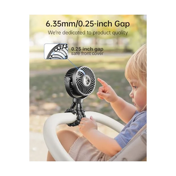 Mini Portable Pram Fan, LED Night Light, Digital Display, Black | Rechargeable Clip On Fan for Stroller, 4 Speeds, 360° Rotation, Detachable Flexible Tripod for Buggy, Pushchair and Car Seat