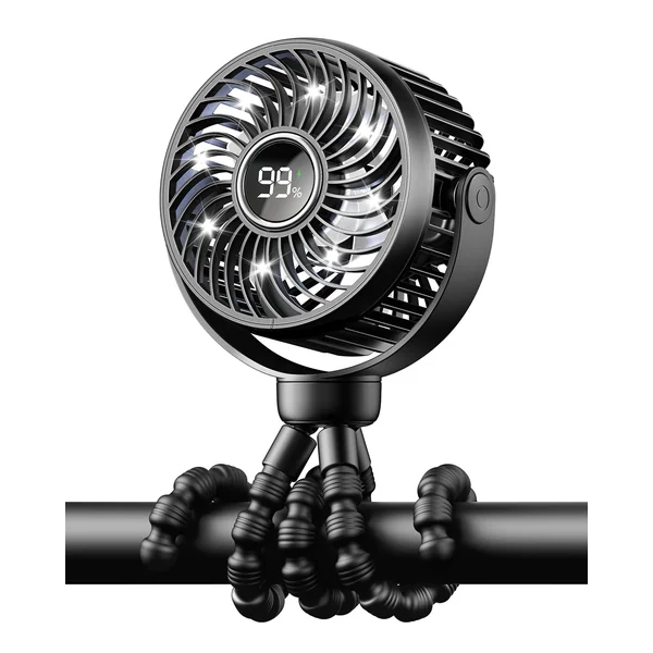 Mini Portable Pram Fan, LED Night Light, Digital Display, Black | Rechargeable Clip On Fan for Stroller, 4 Speeds, 360° Rotation, Detachable Flexible Tripod for Buggy, Pushchair and Car Seat