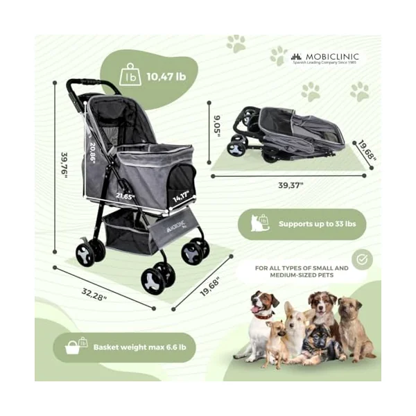 Mobiclinic® Pets Foldable Dog Pram, Up to 15 kg, Ideal for Small Dogs, Pet Stroller, Zuma, Wheels with 360° Brakes, XXL Basket, 3 Windows with Zip and Mosquito Net, Cup Holder