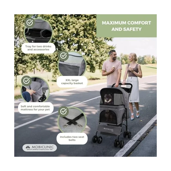 Mobiclinic® Pets Foldable Dog Pram, Up to 15 kg, Ideal for Small Dogs, Pet Stroller, Zuma, Wheels with 360° Brakes, XXL Basket, 3 Windows with Zip and Mosquito Net, Cup Holder